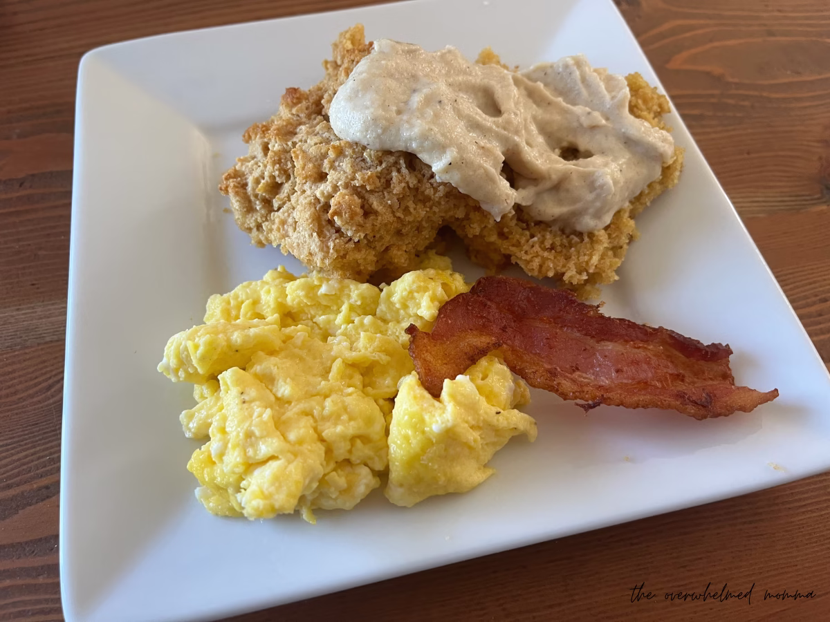 fresh milled flour drop biscuits with eggs and bacon